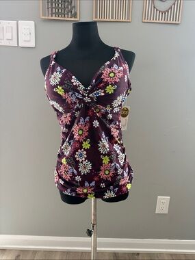 Anne Cole WINE RED floral underwire tankini top